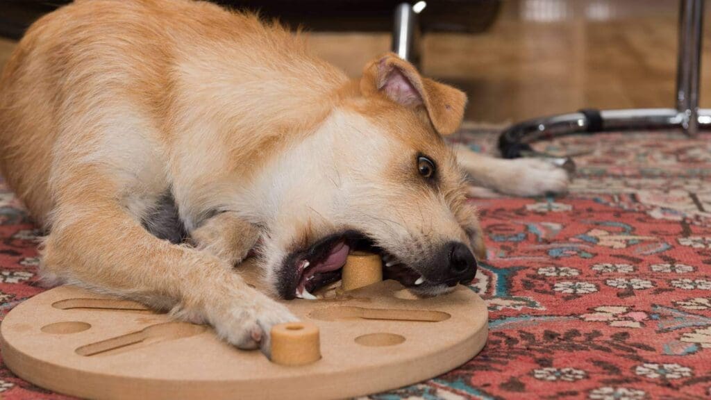 Dog biting at a wooden puzzle