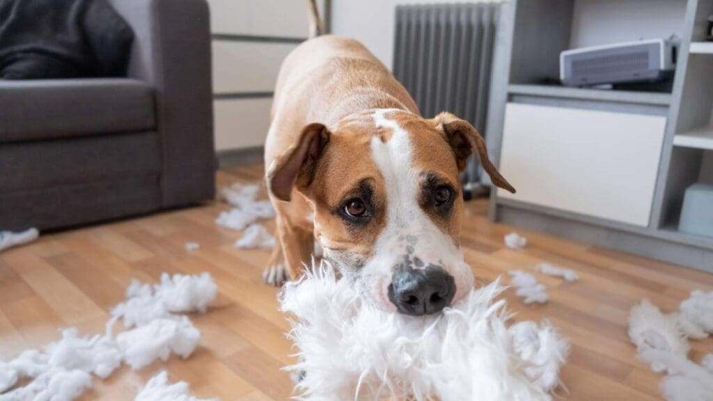 Dog chewing a fluffy object